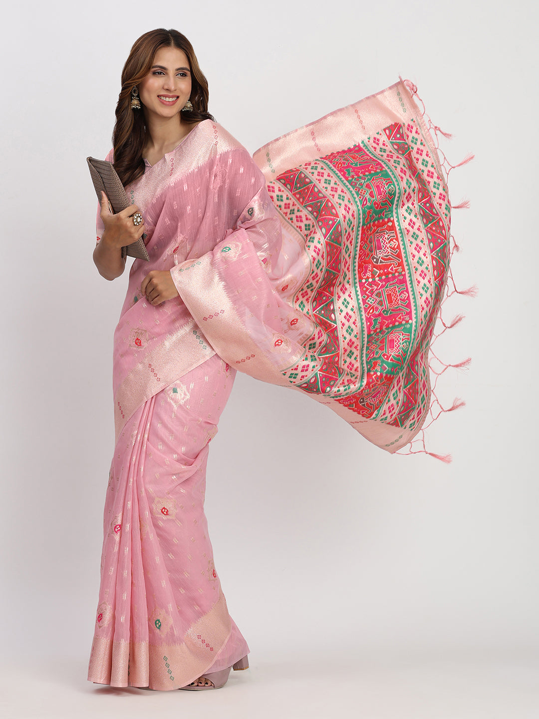Astita Light Pink Linen Saree with Multicolor Weaving & Zari Pallu - Elegant & Lightweight for Everyday Grace