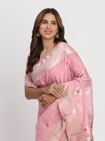 Astita Light Pink Linen Saree with Multicolor Weaving & Zari Pallu - Elegant & Lightweight for Everyday Grace