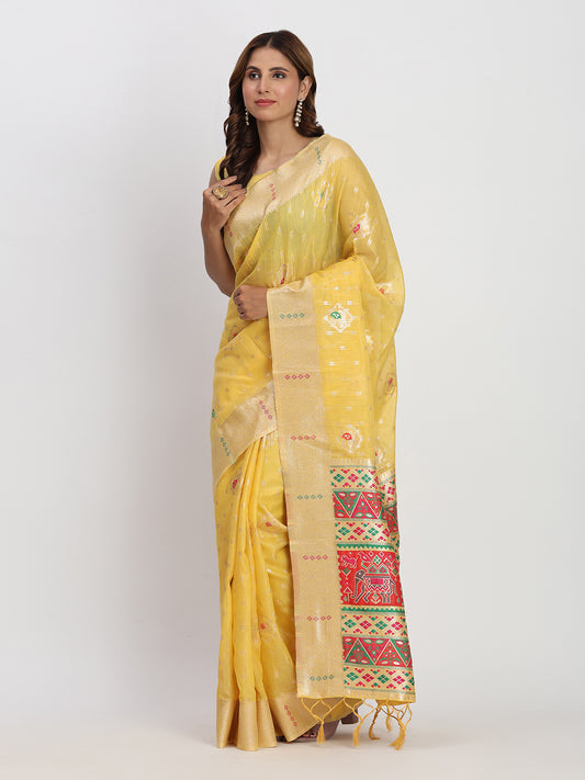 Astita Yellow Linen Saree with Multicolor Weaving & Zari Pallu - Elegant & Lightweight for Everyday Grace