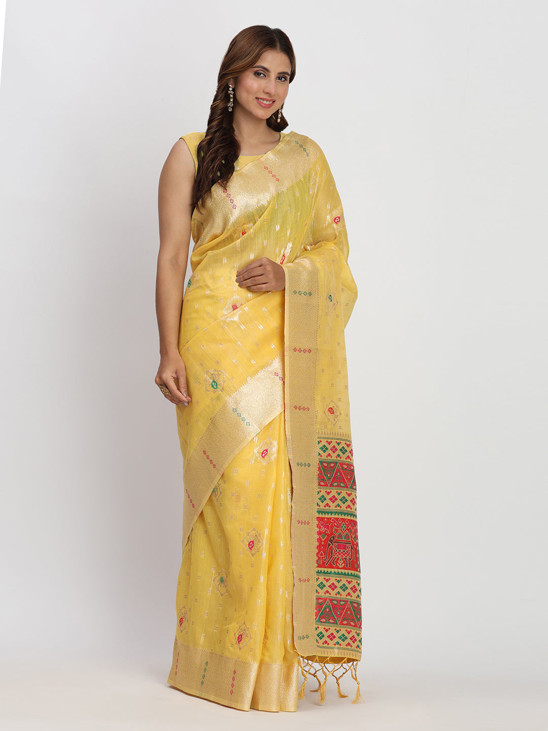 Astita Yellow Linen Saree with Multicolor Weaving & Zari Pallu - Elegant & Lightweight for Everyday Grace