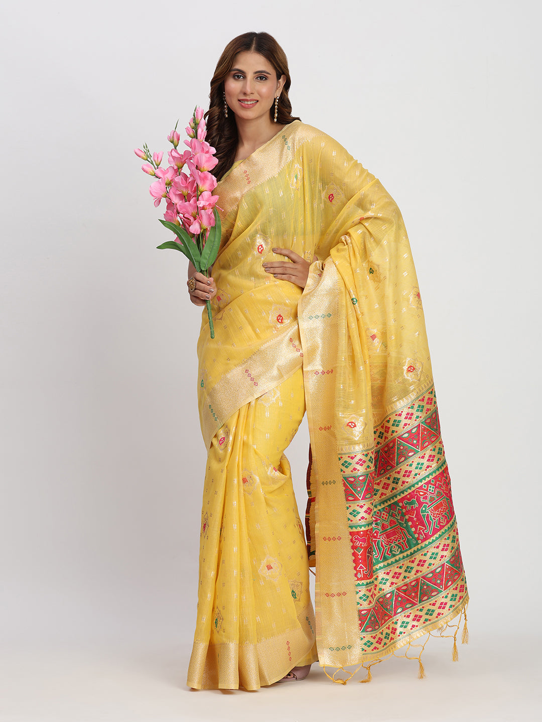 Astita Yellow Linen Saree with Multicolor Weaving & Zari Pallu - Elegant & Lightweight for Everyday Grace