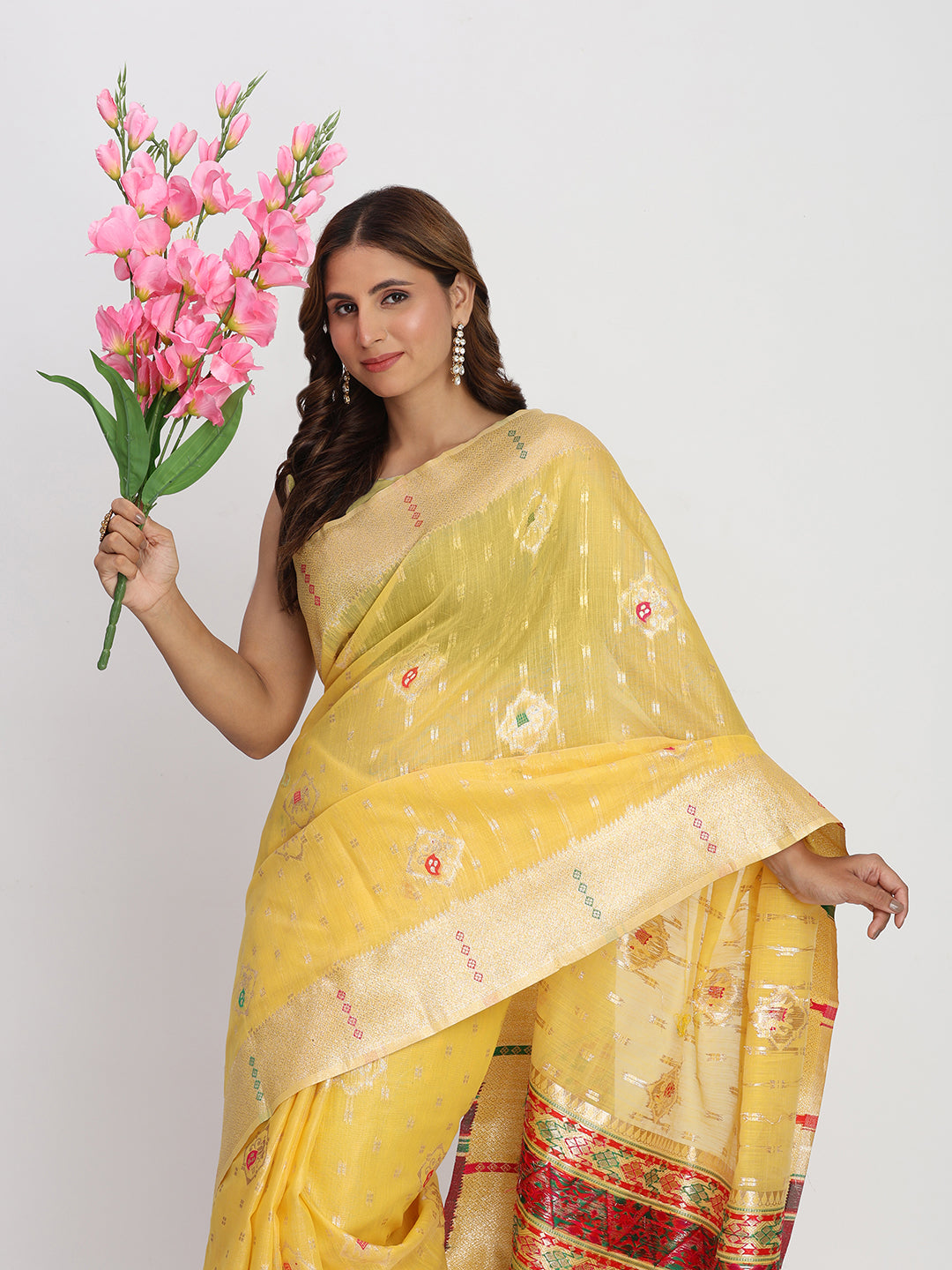 Astita Yellow Linen Saree with Multicolor Weaving & Zari Pallu - Elegant & Lightweight for Everyday Grace