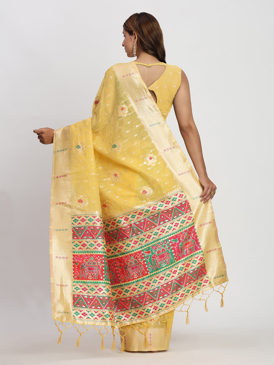 Astita Yellow Linen Saree with Multicolor Weaving & Zari Pallu - Elegant & Lightweight for Everyday Grace