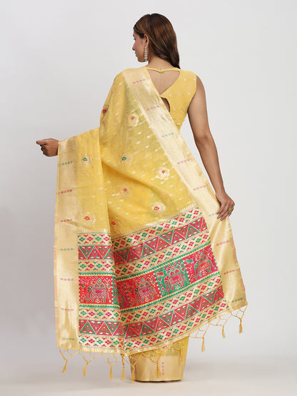 Astita Yellow Linen Saree with Multicolor Weaving & Zari Pallu - Elegant & Lightweight for Everyday Grace