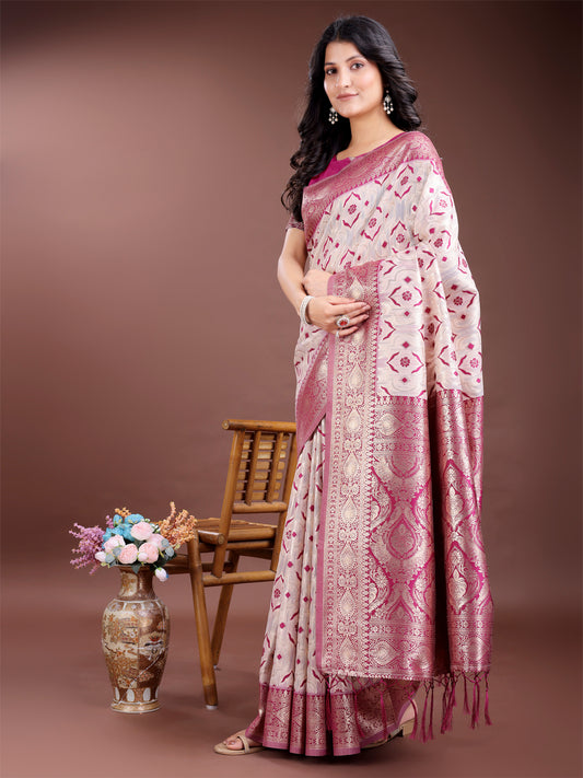 Astita Graceful Cream & Pink Linen Cotton Saree with Rich Zari Pallu – A Touch of Royal Comfort
