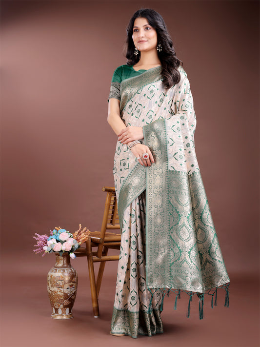 Astita Graceful Cream & Green Linen Cotton Saree with Rich Zari Pallu – A Touch of Royal Comfort
