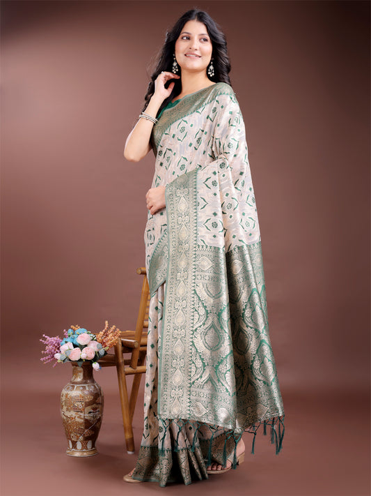 Astita Graceful Cream & Green Linen Cotton Saree with Rich Zari Pallu – A Touch of Royal Comfort