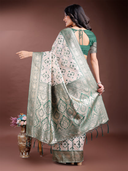 Astita Graceful Cream & Green Linen Cotton Saree with Rich Zari Pallu – A Touch of Royal Comfort