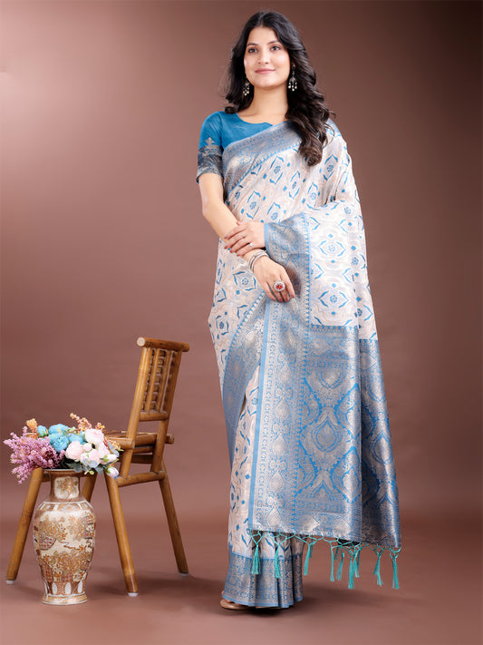 Astita Graceful Cream & Sky Blue Linen Cotton Saree with Rich Zari Pallu – A Touch of Royal Comfort