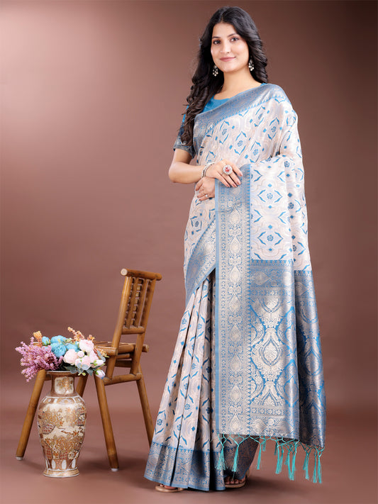 Astita Graceful Cream & Sky Blue Linen Cotton Saree with Rich Zari Pallu – A Touch of Royal Comfort