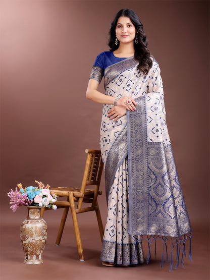 Astita Graceful Cream & Navy Blue Linen Cotton Saree with Rich Zari Pallu – A Touch of Royal Comfort