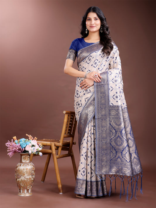 Astita Graceful Cream & Navy Blue Linen Cotton Saree with Rich Zari Pallu – A Touch of Royal Comfort