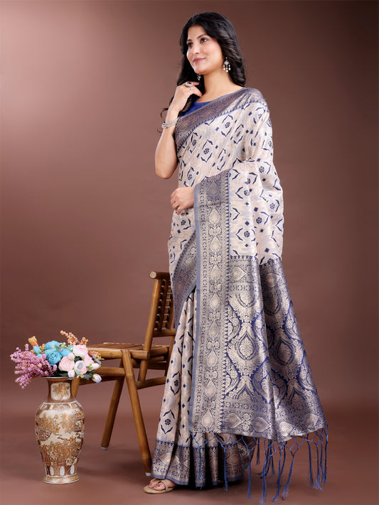 Astita Graceful Cream & Navy Blue Linen Cotton Saree with Rich Zari Pallu – A Touch of Royal Comfort
