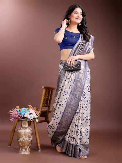 Astita Graceful Cream & Navy Blue Linen Cotton Saree with Rich Zari Pallu – A Touch of Royal Comfort