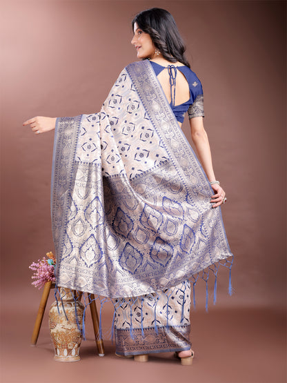 Astita Graceful Cream & Navy Blue Linen Cotton Saree with Rich Zari Pallu – A Touch of Royal Comfort