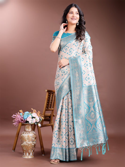 Astita Graceful Cream & Sea Green Linen Cotton Saree with Rich Zari Pallu – A Touch of Royal Comfort