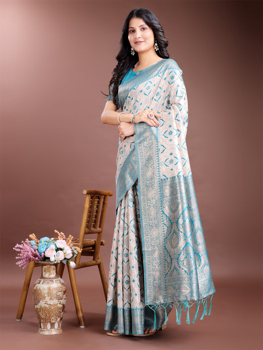 Astita Graceful Cream & Sea Green Linen Cotton Saree with Rich Zari Pallu – A Touch of Royal Comfort
