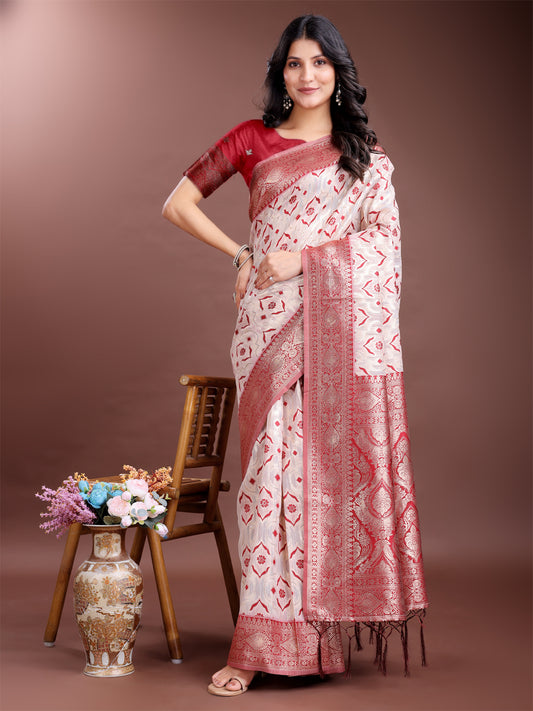 Astita Graceful Cream & Red Linen Cotton Saree with Rich Zari Pallu – A Touch of Royal Comfort