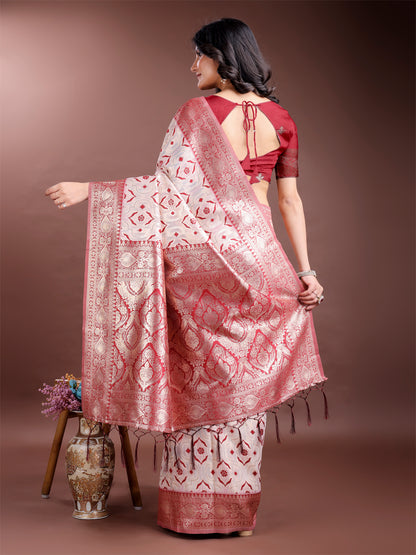 Astita Graceful Cream & Red Linen Cotton Saree with Rich Zari Pallu – A Touch of Royal Comfort