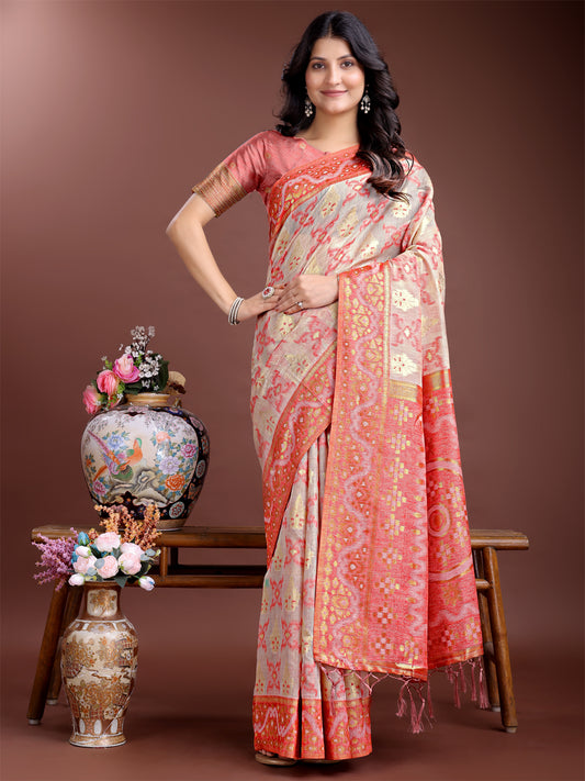 Astita Graceful Beige & Coral Linen Cotton Saree – Lightweight Elegance for Modern Women