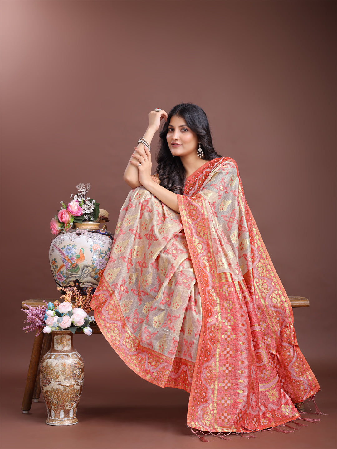 Astita Graceful Beige & Coral Linen Cotton Saree – Lightweight Elegance for Modern Women