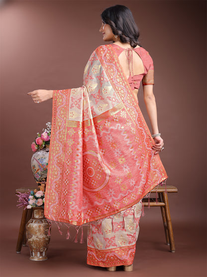 Astita Graceful Beige & Coral Linen Cotton Saree – Lightweight Elegance for Modern Women