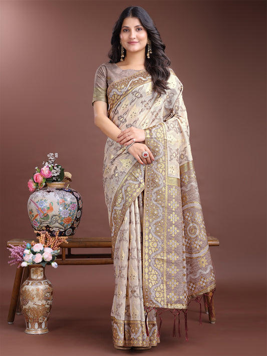 Astita Graceful Beige & Brown Linen Cotton Saree – Lightweight Elegance for Modern Women