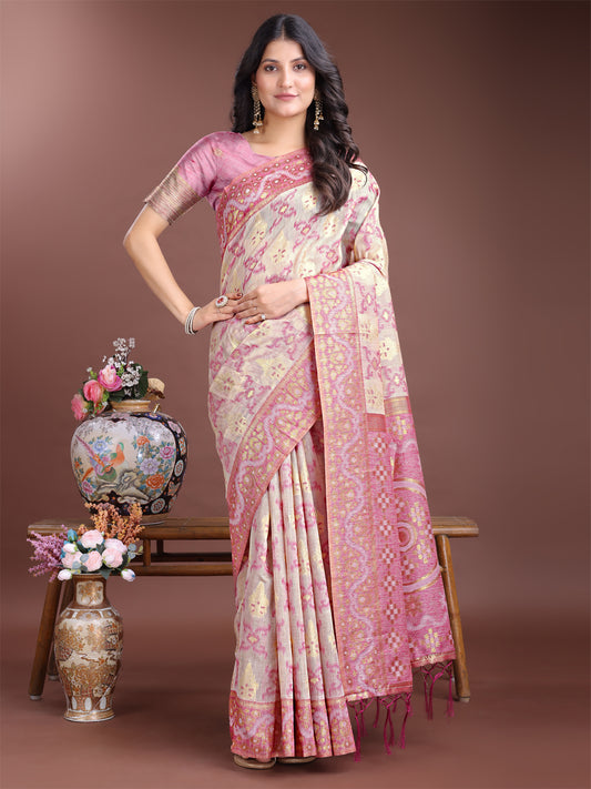 Astita Graceful Beige & Pink Linen Cotton Saree – Lightweight Elegance for Modern Women
