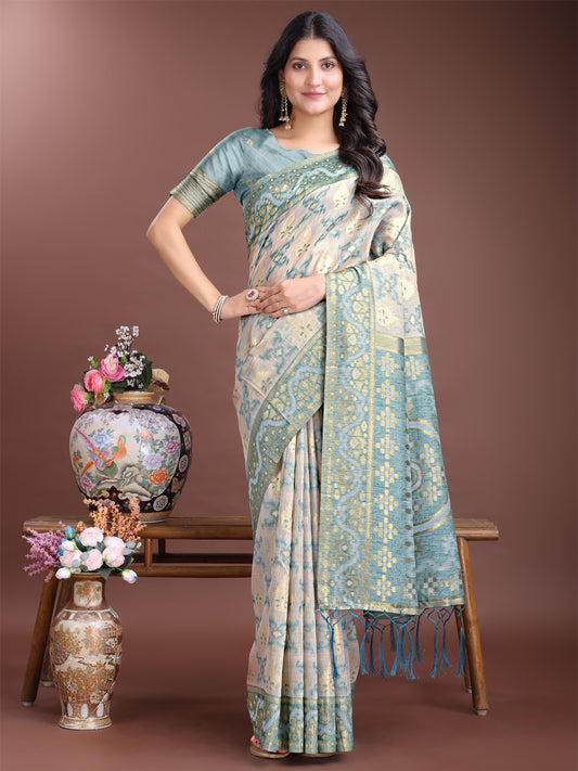 Astita Graceful Beige & Sea Green Linen Cotton Saree – Lightweight Elegance for Modern Women