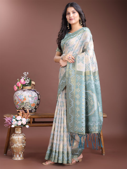 Astita Graceful Beige & Sea Green Linen Cotton Saree – Lightweight Elegance for Modern Women