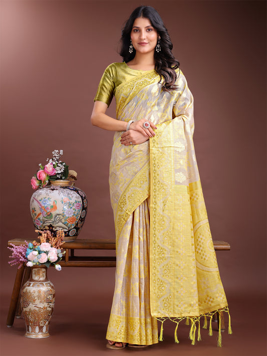 Astita Graceful Beige & Yellow Linen Cotton Saree – Lightweight Elegance for Modern Women