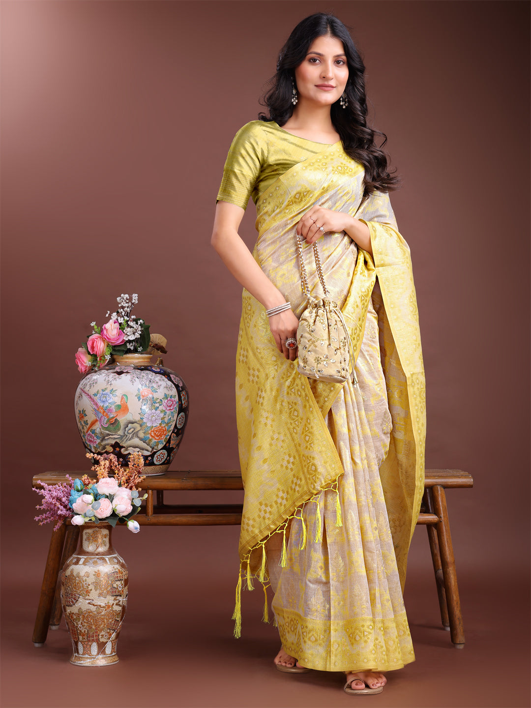 Astita Graceful Beige & Yellow Linen Cotton Saree – Lightweight Elegance for Modern Women