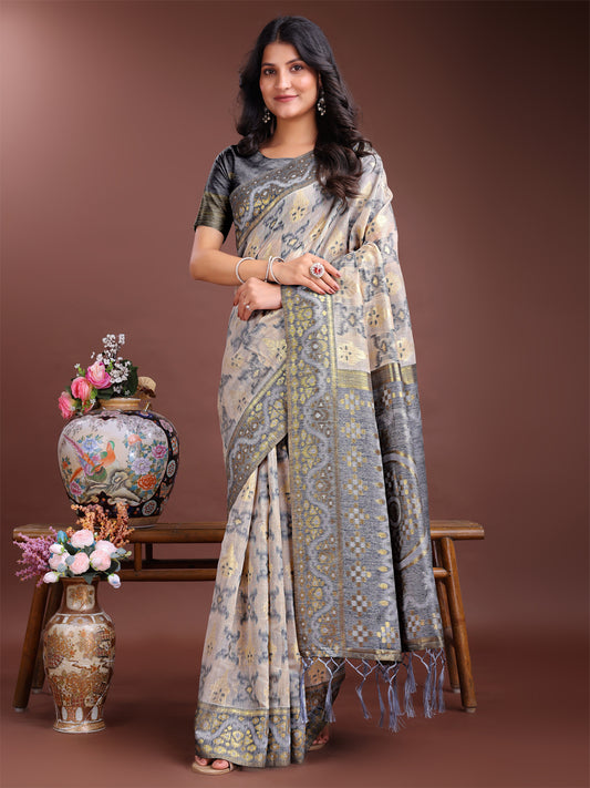 Astita Graceful Beige & Grey Linen Cotton Saree – Lightweight Elegance for Modern Women