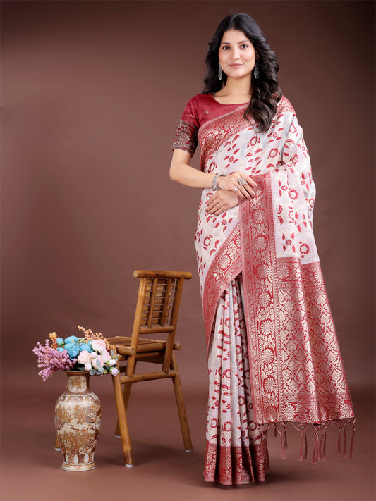 Astita White & Maroon Woven Linen Cotton Saree with Rich Zari Border – Soft Festive Wear Saree for Women