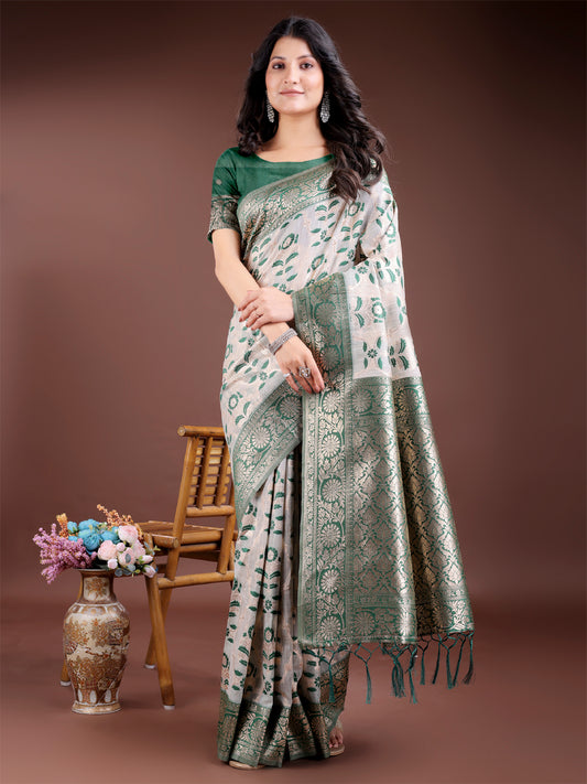 Astita White & Green Woven Linen Cotton Saree with Rich Zari Border – Soft Festive Wear Saree for Women