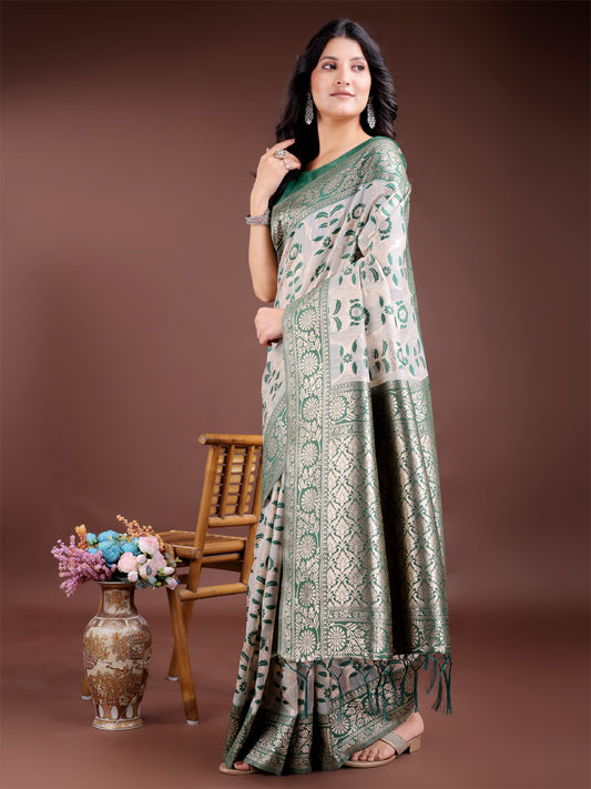 Astita White & Green Woven Linen Cotton Saree with Rich Zari Border – Soft Festive Wear Saree for Women