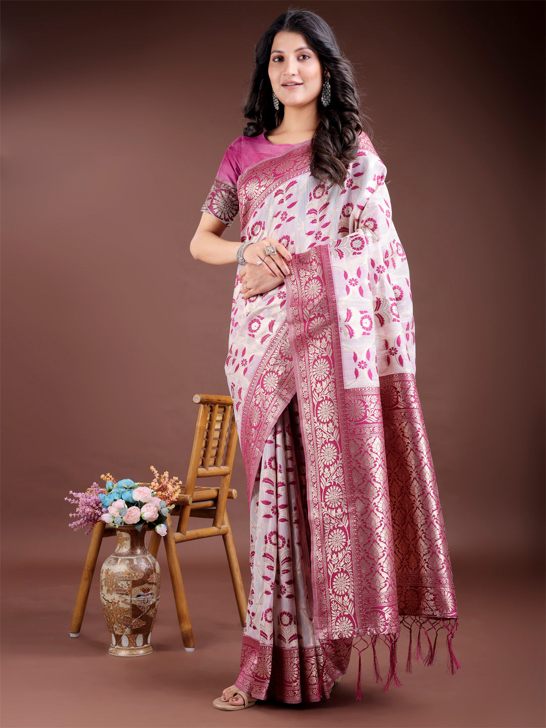 Astita White & Purple Woven Linen Cotton Saree with Rich Zari Border – Soft Festive Wear Saree for Women