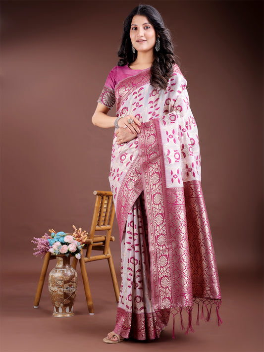 Astita White & Purple Woven Linen Cotton Saree with Rich Zari Border – Soft Festive Wear Saree for Women