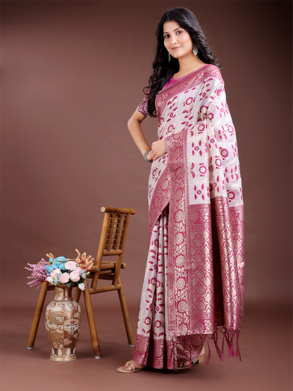 Astita White & Purple Woven Linen Cotton Saree with Rich Zari Border – Soft Festive Wear Saree for Women