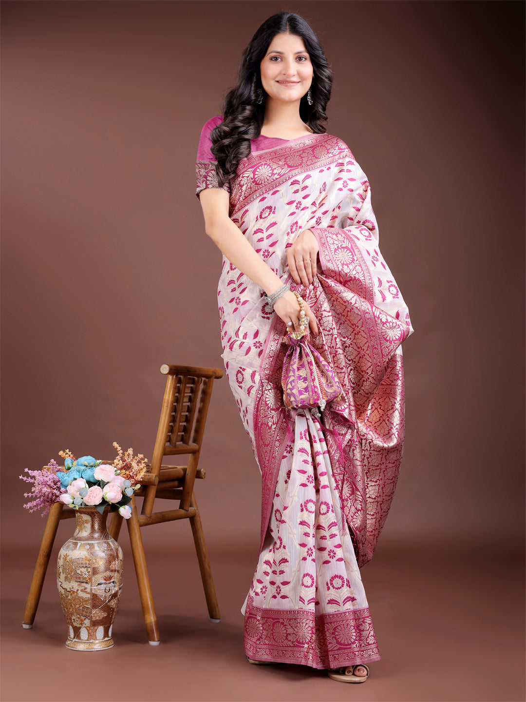Astita White & Purple Woven Linen Cotton Saree with Rich Zari Border – Soft Festive Wear Saree for Women