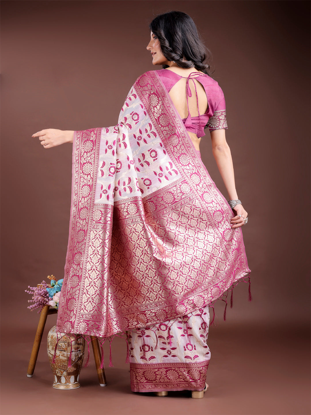 Astita White & Purple Woven Linen Cotton Saree with Rich Zari Border – Soft Festive Wear Saree for Women