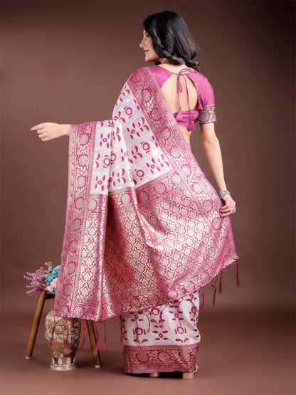 Astita White & Purple Woven Linen Cotton Saree with Rich Zari Border – Soft Festive Wear Saree for Women