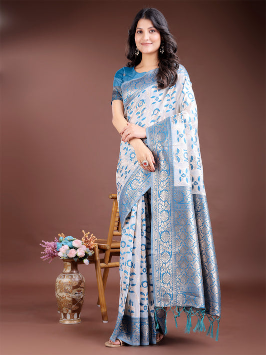 Astita White & Sky Blue Woven Linen Cotton Saree with Rich Zari Border – Soft Festive Wear Saree for Women