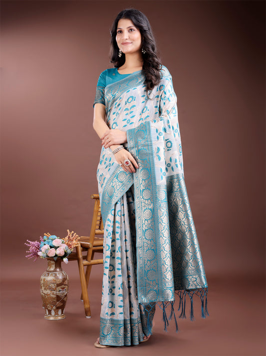 Astita White & Sea Green Woven Linen Cotton Saree with Rich Zari Border – Soft Festive Wear Saree for Women