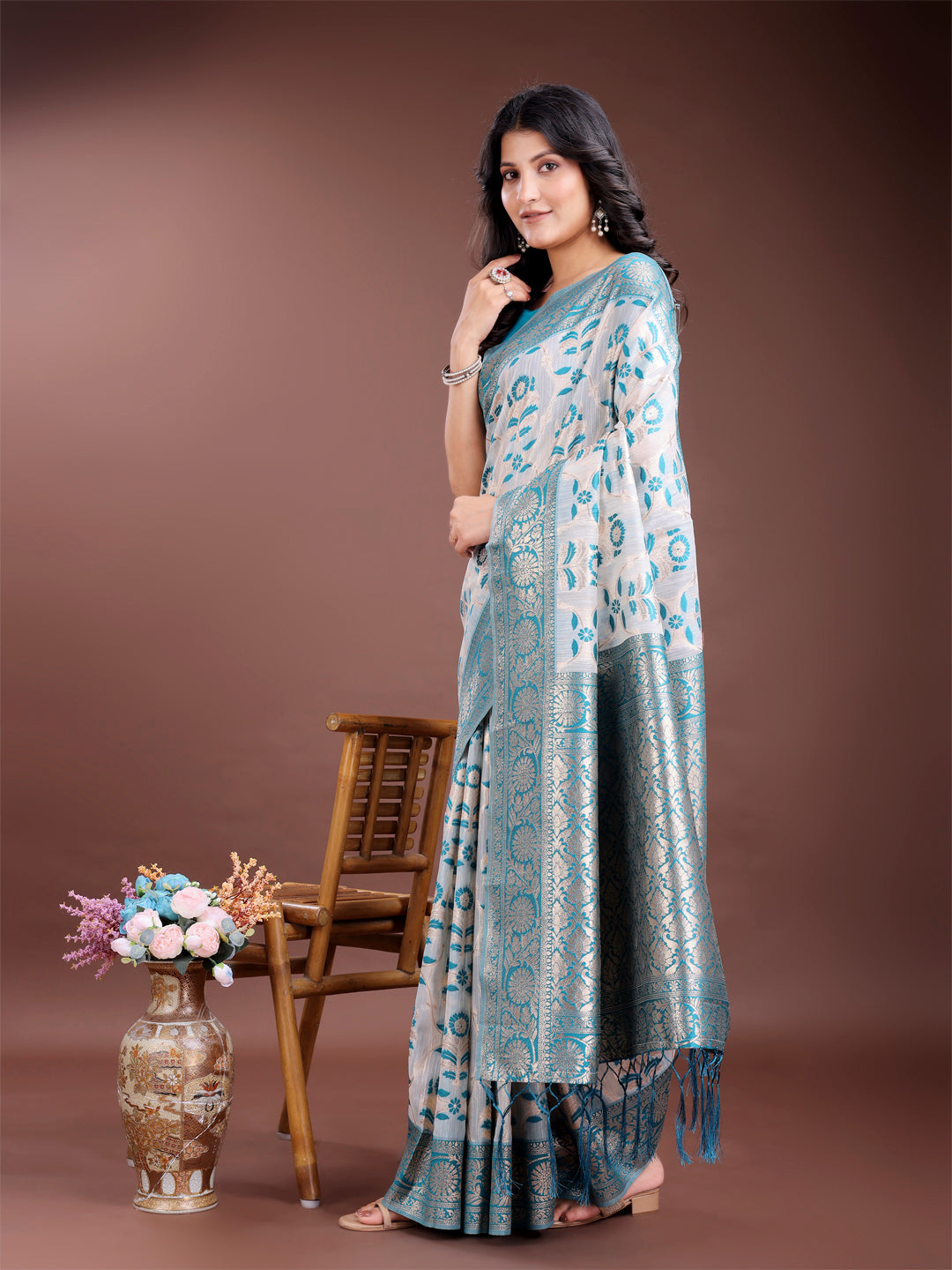 Astita White & Sea Green Woven Linen Cotton Saree with Rich Zari Border – Soft Festive Wear Saree for Women