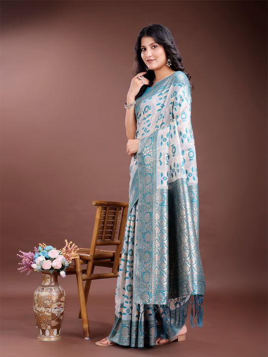 Astita White & Sea Green Woven Linen Cotton Saree with Rich Zari Border – Soft Festive Wear Saree for Women