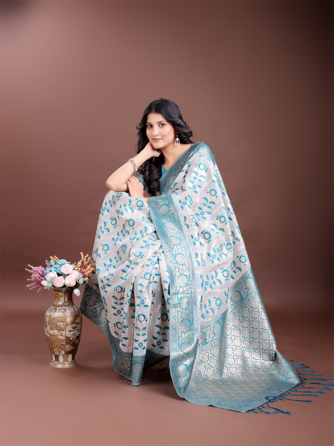 Astita White & Sea Green Woven Linen Cotton Saree with Rich Zari Border – Soft Festive Wear Saree for Women