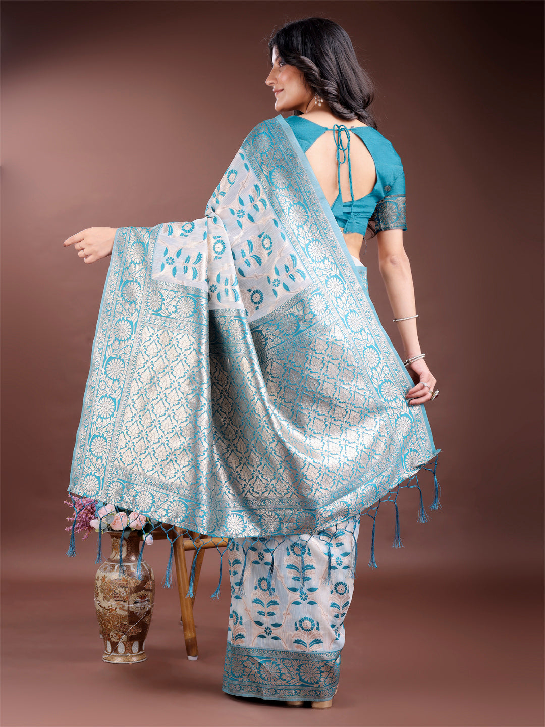 Astita White & Sea Green Woven Linen Cotton Saree with Rich Zari Border – Soft Festive Wear Saree for Women
