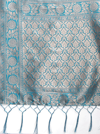 Astita White & Sea Green Woven Linen Cotton Saree with Rich Zari Border – Soft Festive Wear Saree for Women