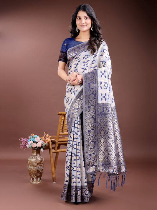 Astita White & Maroon Woven Linen Cotton Saree with Rich Zari Border – Soft Festive Wear Saree for Women